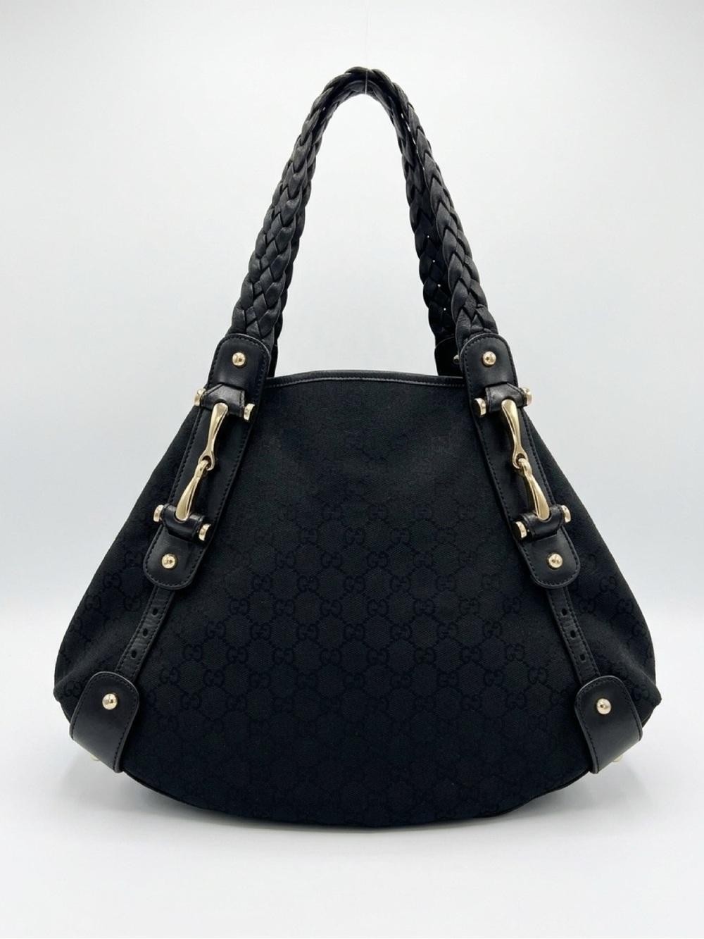 Authentic Gucci Black Braided-Handle Shoulder Hobo with Gold-Tone Hardware